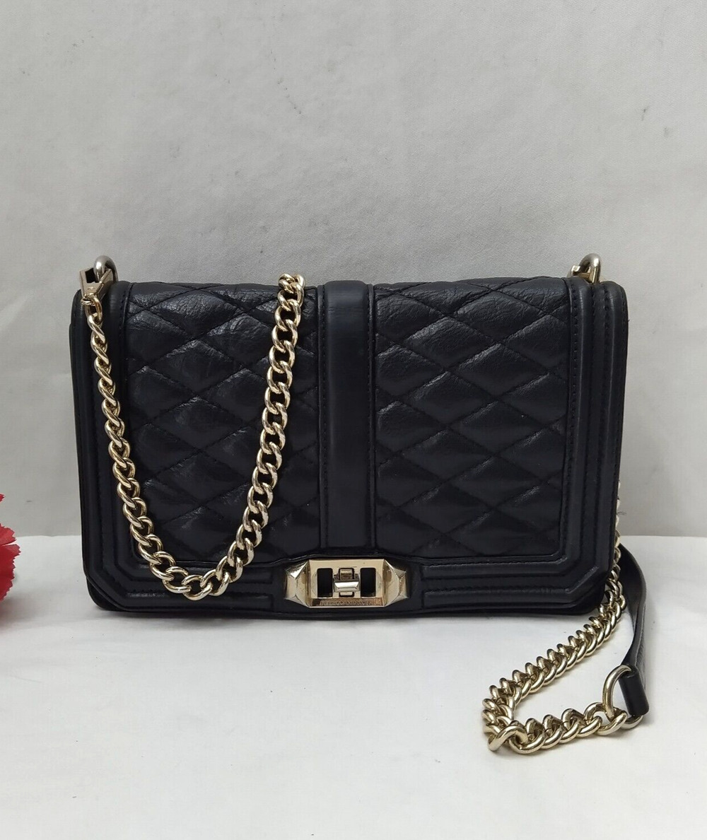 Rebecca Minkoff Black Leather Quilted Turnlock Chain Strap Crossbody Bag